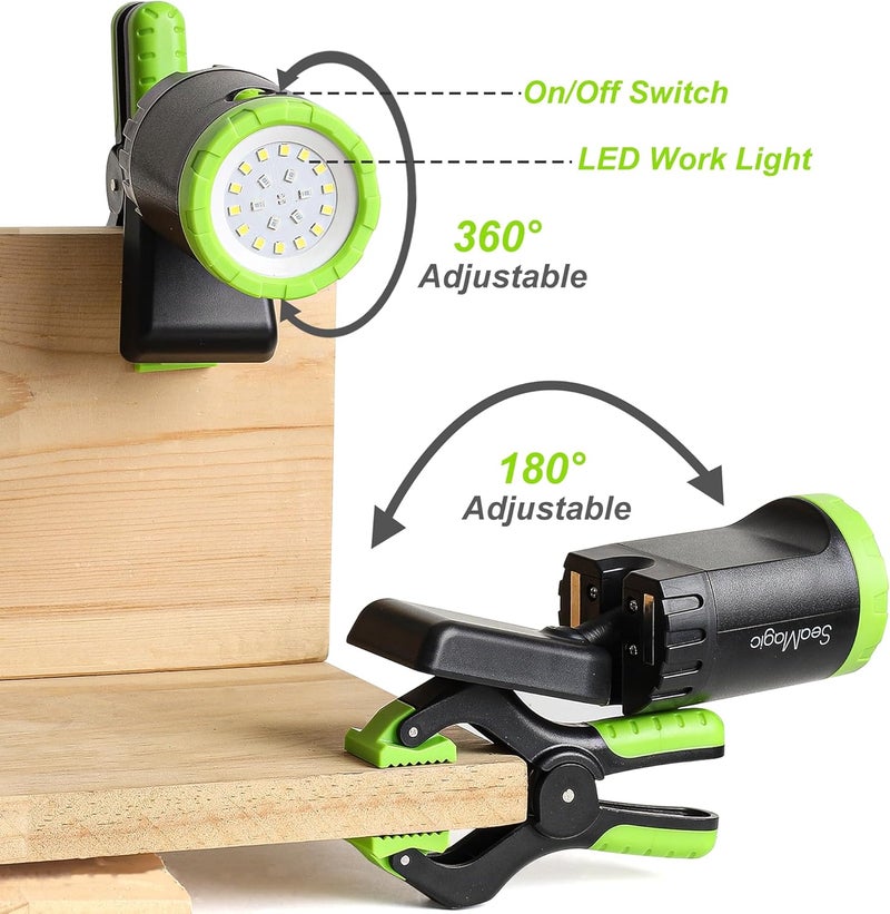 SEAMAGIC 2-Pack Rechargeable LED Work Lights, 360-Degree Adjustable Spotlights with Magnetic Base, Clamp Lights for Barbecue, Workshop, Construction Site, Car Repairing and Home Using - Image 3